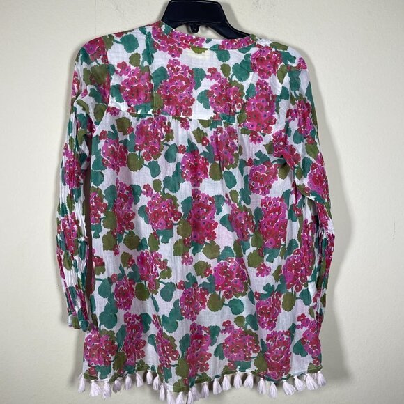 Roberta Roller Rabbit Women's LS White Pink Floral Tunic Sheer Top XS Tassels! - Picture 5 of 6